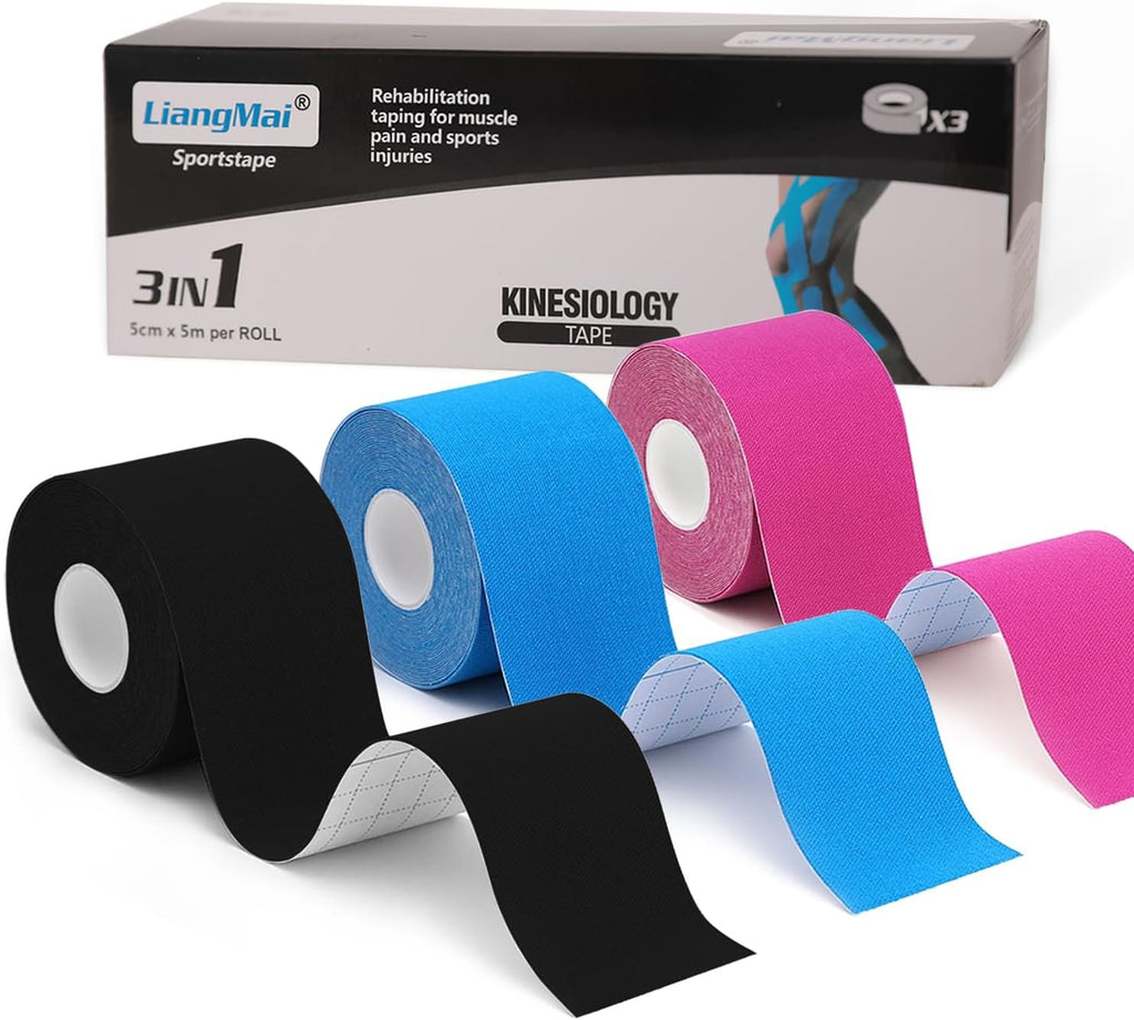 Kinesio Tape - 3 rotoli 5cm x 5m di tape kinesiologico Nero+Blu+Rosa, tape sportivo impermeabile ed elastico - Nastro Kinesiologico nastri amici della pelle per ginocchio spalla gomito