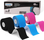 Kinesio Tape - 3 rotoli 5cm x 5m di tape kinesiologico Nero+Blu+Rosa, tape sportivo impermeabile ed elastico - Nastro Kinesiologico nastri amici della pelle per ginocchio spalla gomito