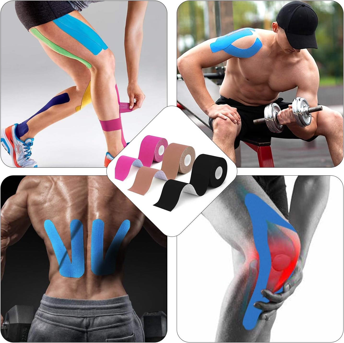 Grunda Kinesio Tape – 3 Rolls, Sports Tape, 5 m x 5 cm, Waterproof and Elastic Kinesiology Tape, Muscle Protection for Joints, Kinesiology Plaster, Black+Blue+Pink