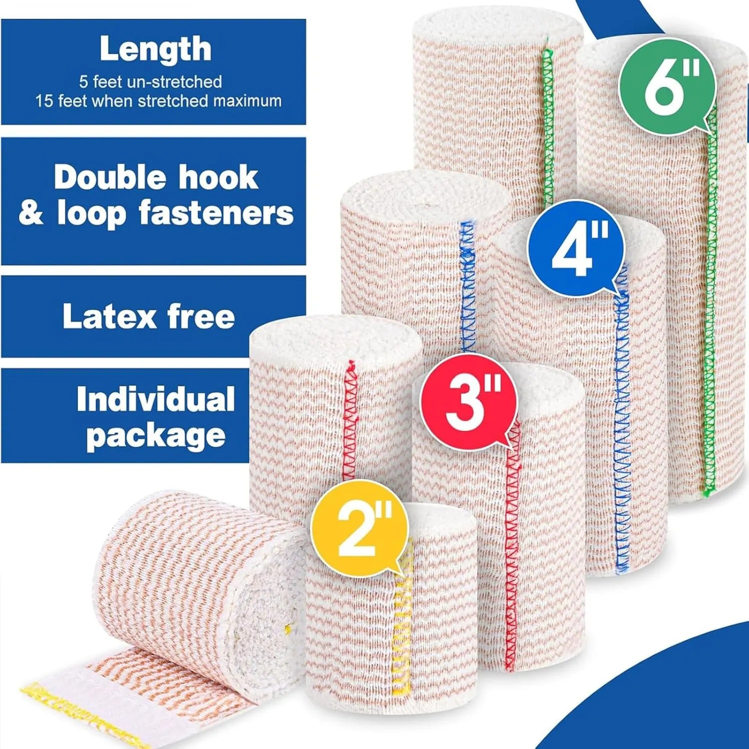 Premium 8 Pack Elastic Bandage Wrap (2x2", 2x3", 2x4", 2x6"), Compression Wrap Bandage for Legs, Ankle, Knee, Tummy, Body, Latex-Free, Lymphedema Wraps for Legs
