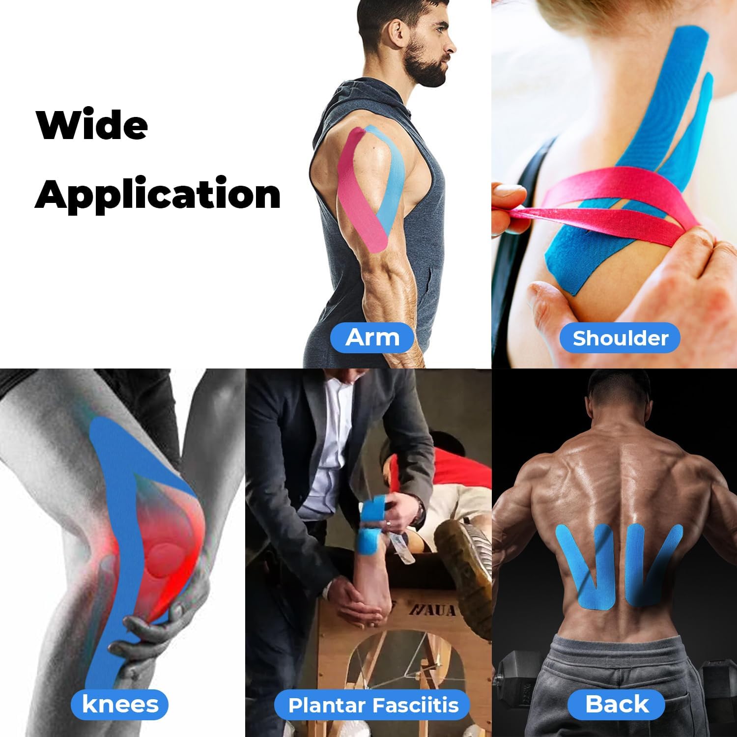 Kinesio Tape - 3 rotoli 5cm x 5m di tape kinesiologico Nero+Blu+Rosa, tape sportivo impermeabile ed elastico - Nastro Kinesiologico nastri amici della pelle per ginocchio spalla gomito