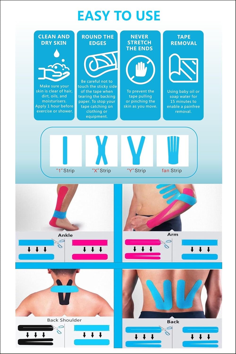 Grunda Kinesio Tape – 3 Rolls, Sports Tape, 5 m x 5 cm, Waterproof and Elastic Kinesiology Tape, Muscle Protection for Joints, Kinesiology Plaster, Black+Blue+Pink