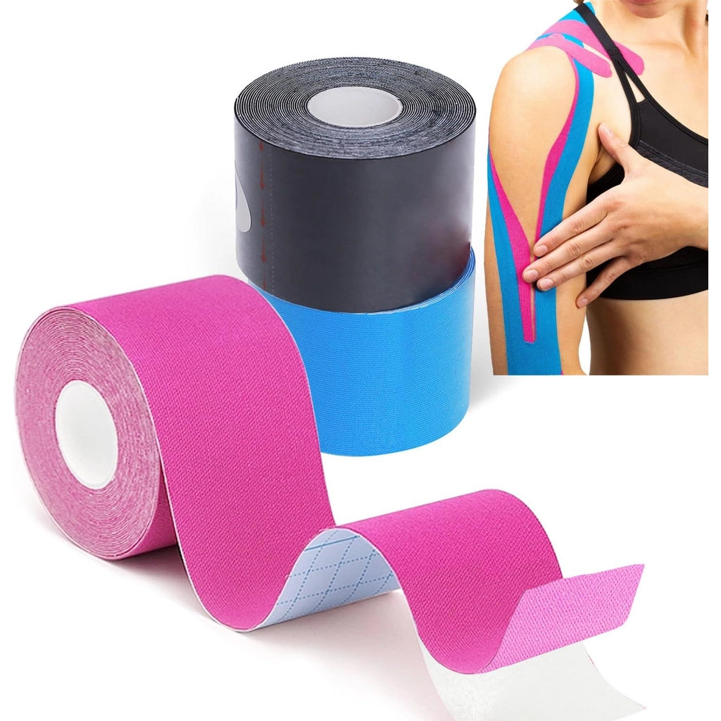Grunda Kinesio Tape – 3 Rolls, Sports Tape, 5 m x 5 cm, Waterproof and Elastic Kinesiology Tape, Muscle Protection for Joints, Kinesiology Plaster, Black+Blue+Pink