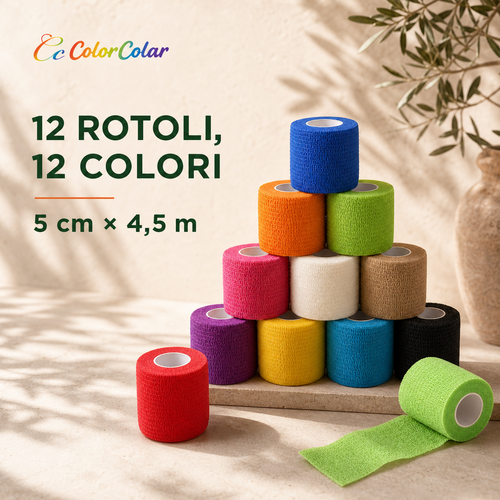 12 Rotoli di Bende Elastiche Coesive Colorate 5 cm × 4,5 m – Fasce Autoadesive per Sport, Polsi, Mani, Piedi, Ginocchia e Animali