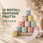 12 Rotoli di Bende Elastiche Coesive Fantasia Frutta 5 cm × 4,5 m – Fasce Autoadesive per Sport, Polsi, Mani, Piedi, Ginocchia e Animali