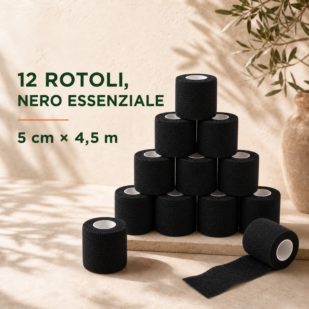 12 Rotoli di Bende Elastiche Coesive Nere 5 cm × 4,5 m – Fasce Autoadesive per Sport, Polsi, Mani, Piedi, Ginocchia e Animali