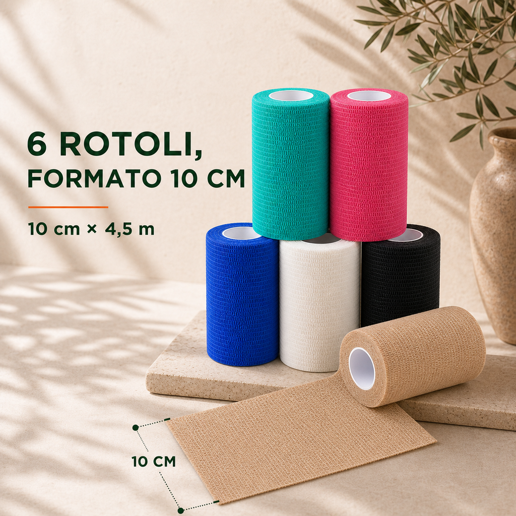 6 Rotoli di Bende Elastiche Coesive Colorate 10 cm × 4,5 m – Fasce Autoadesive per Sport, Ginocchia, Gambe, Gomiti e Animali