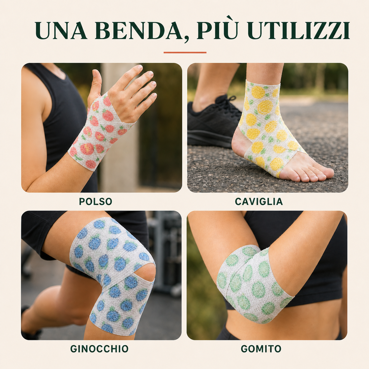 12 Rotoli di Bende Elastiche Coesive Fantasia Frutta 5 cm × 4,5 m – Fasce Autoadesive per Sport, Polsi, Mani, Piedi, Ginocchia e Animali