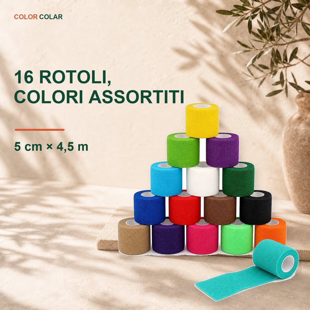 16 rotoli di bende elastiche coesive multicolore ColorColar in ambiente toscano