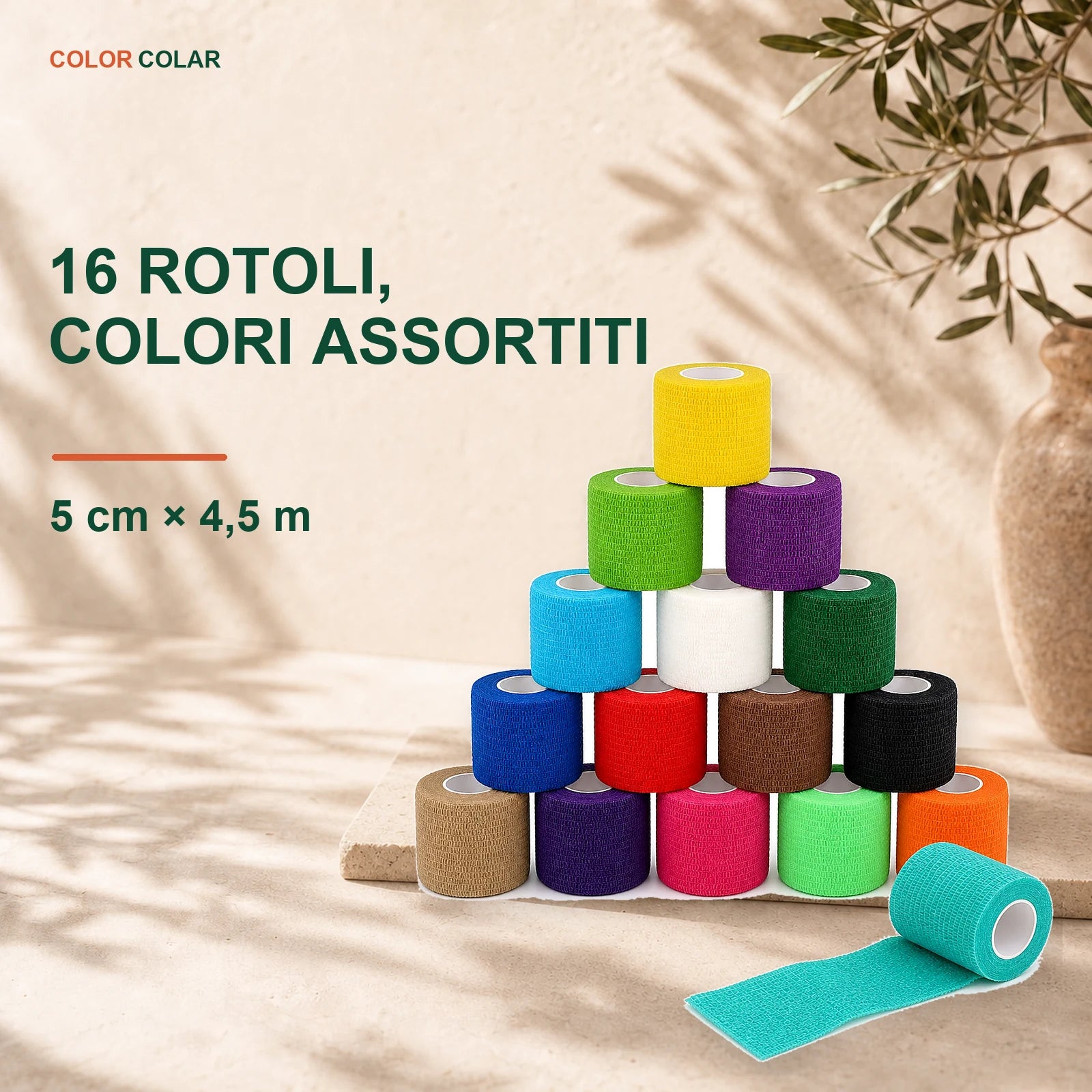 16 rotoli di bende elastiche coesive multicolore ColorColar in ambiente toscano