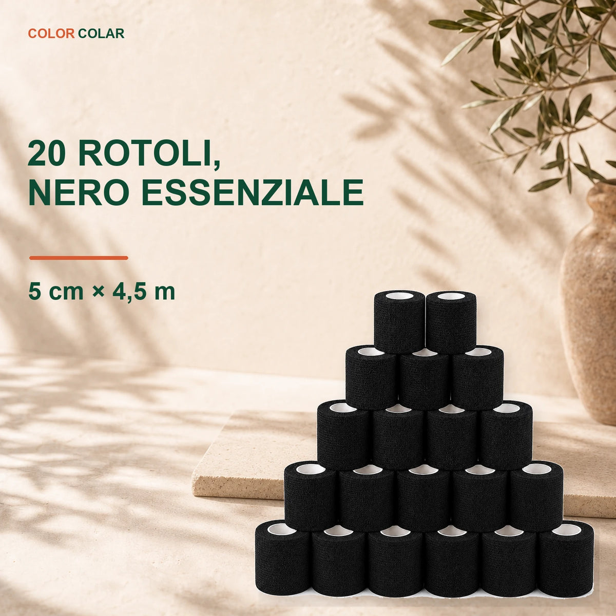 20 rotoli di bende elastiche coesive nere ColorColar in ambiente toscano
