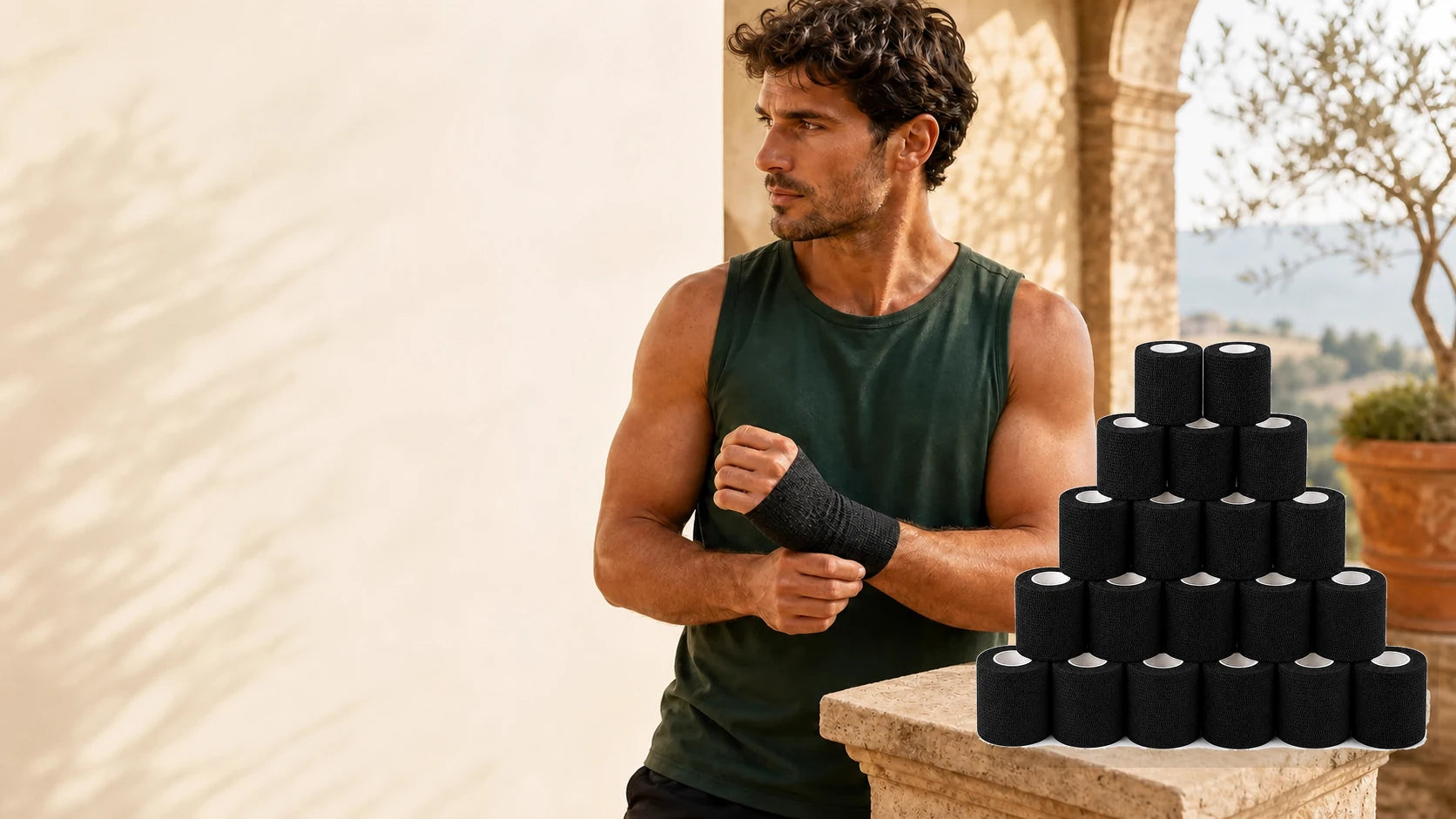 Atleta in Toscana con benda coesiva nera ColorColar e venti rotoli