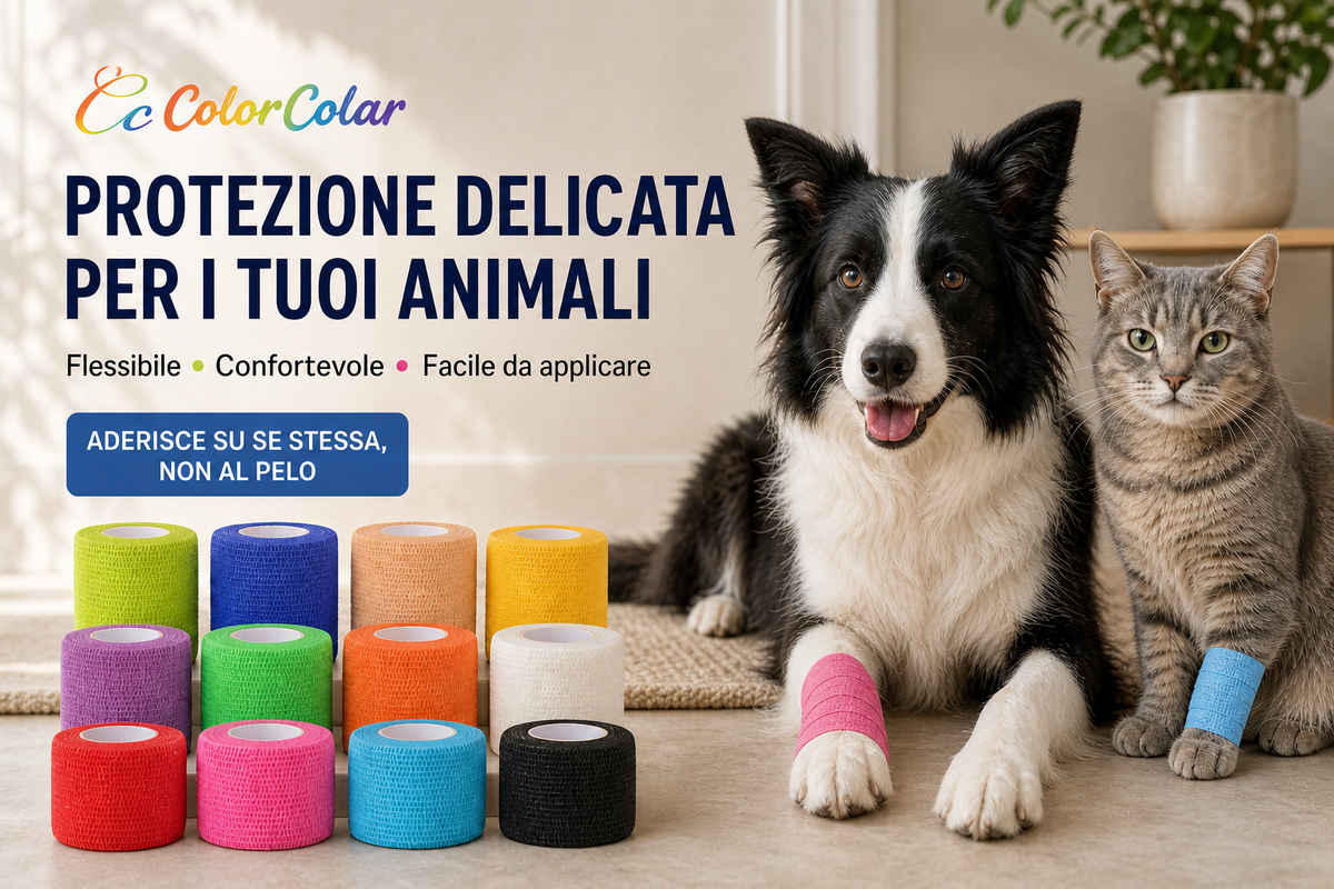 Benda coesiva ColorColar applicata come strato esterno sulla zampa di un cane