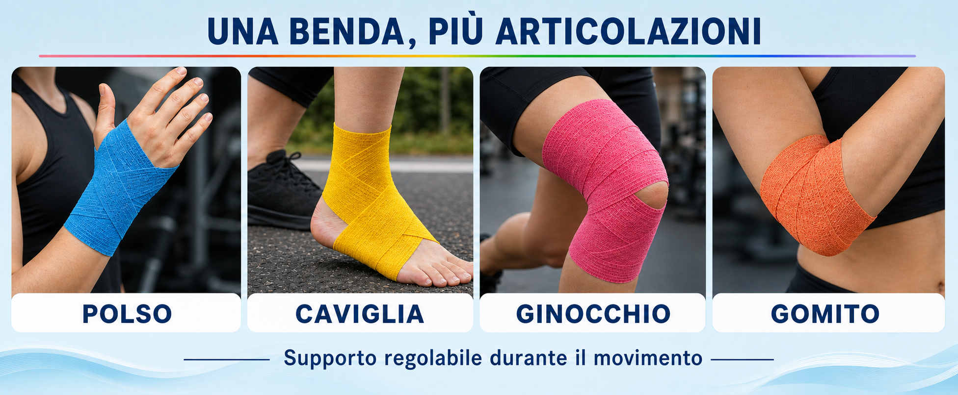 Esempi di applicazione della benda coesiva ColorColar su polso, caviglia, ginocchio e gomito