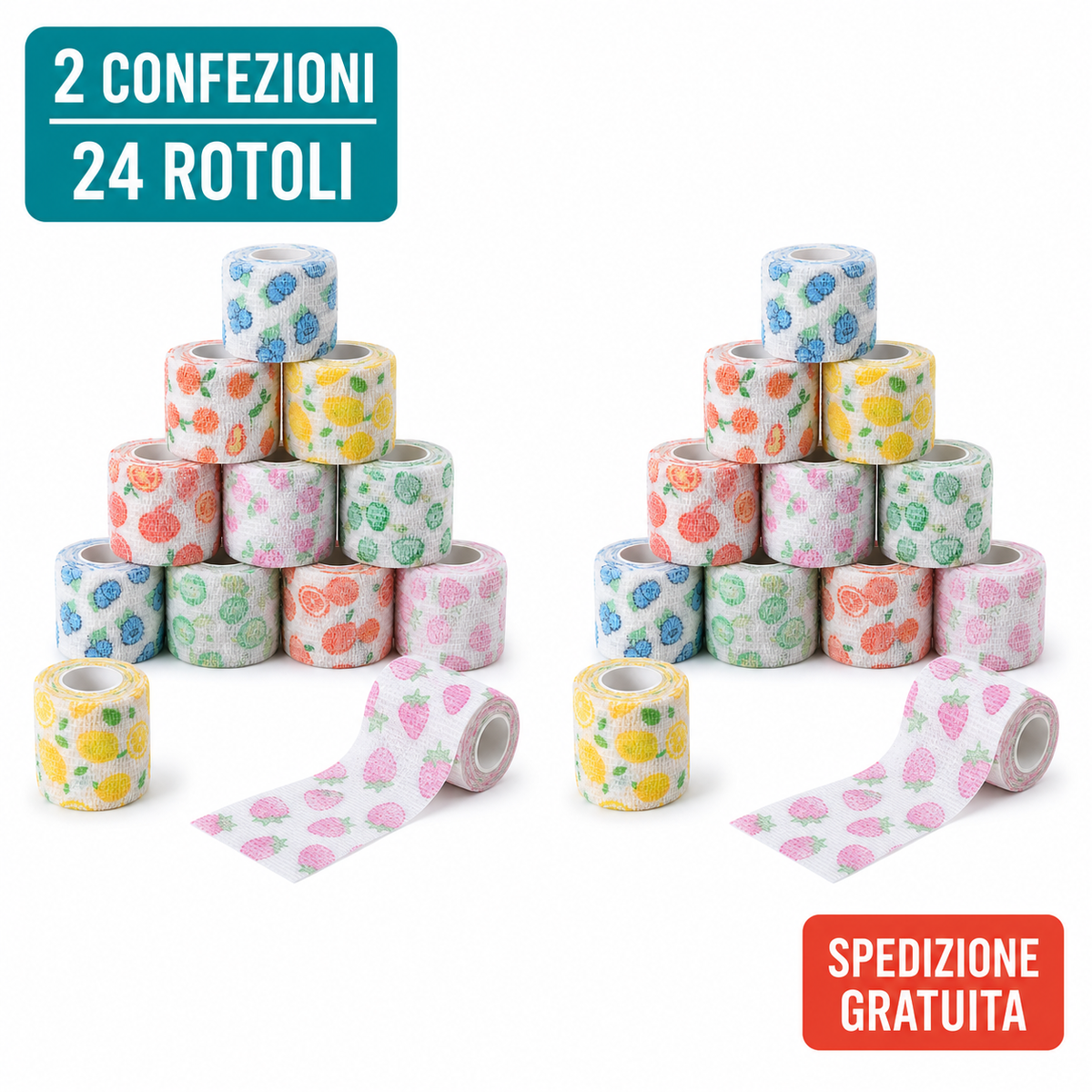 Bende coesive stampate Fruit ColorColar, 2 confezioni, 24 rotoli da 5 cm x 4,5 m