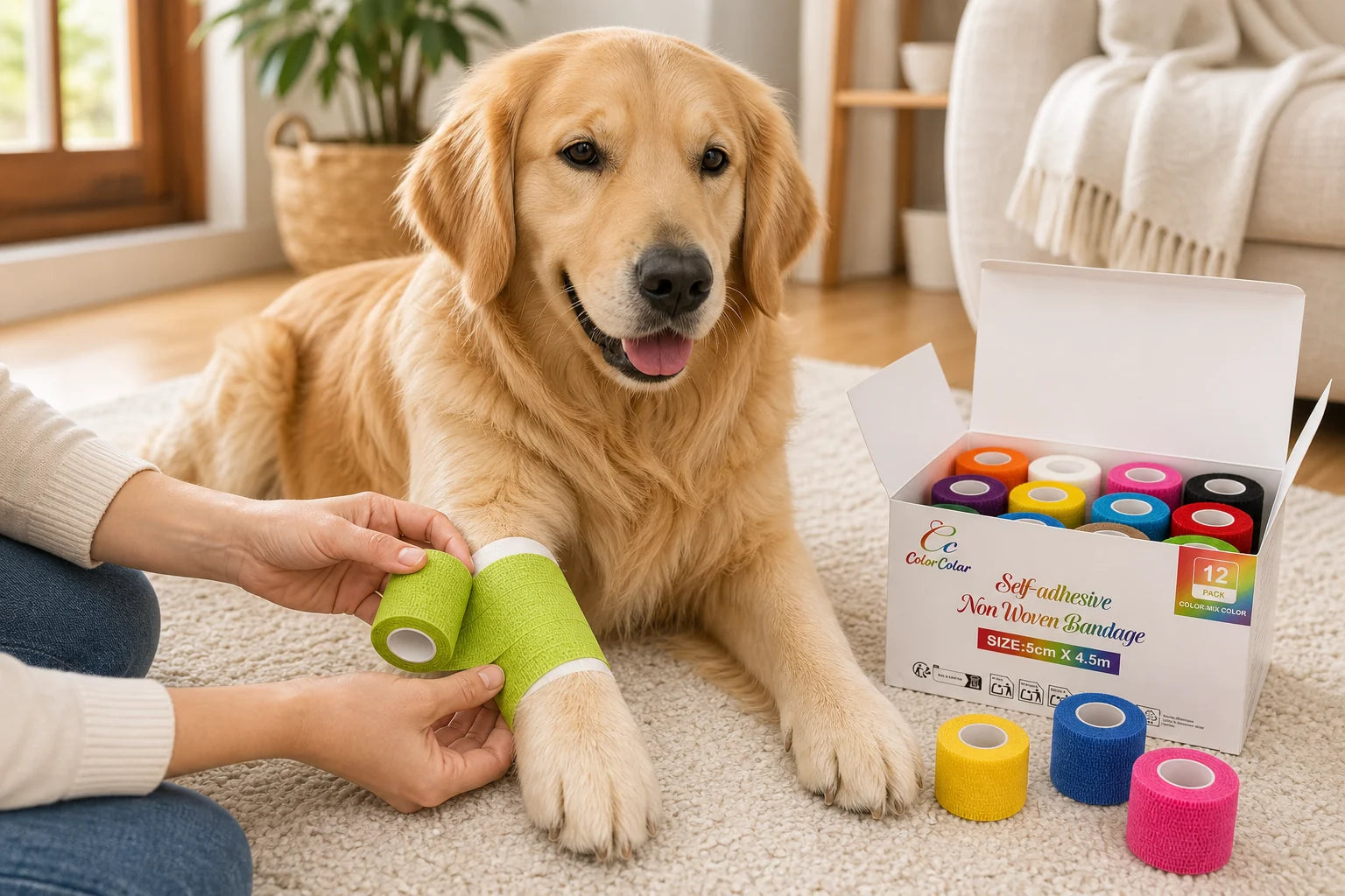 Benda coesiva verde applicata sopra una garza sulla zampa di un Golden Retriever